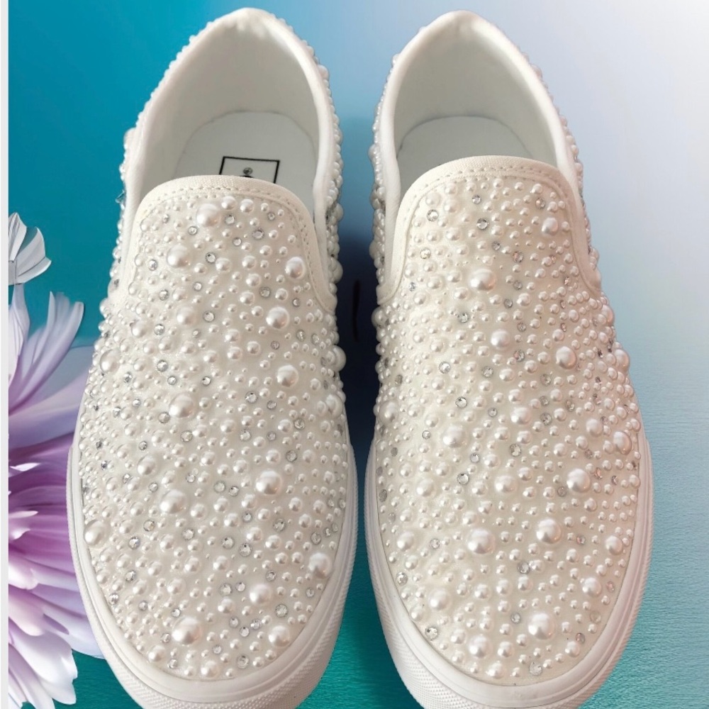 Bridal Vans White Pearl Embellished Slip-Ons